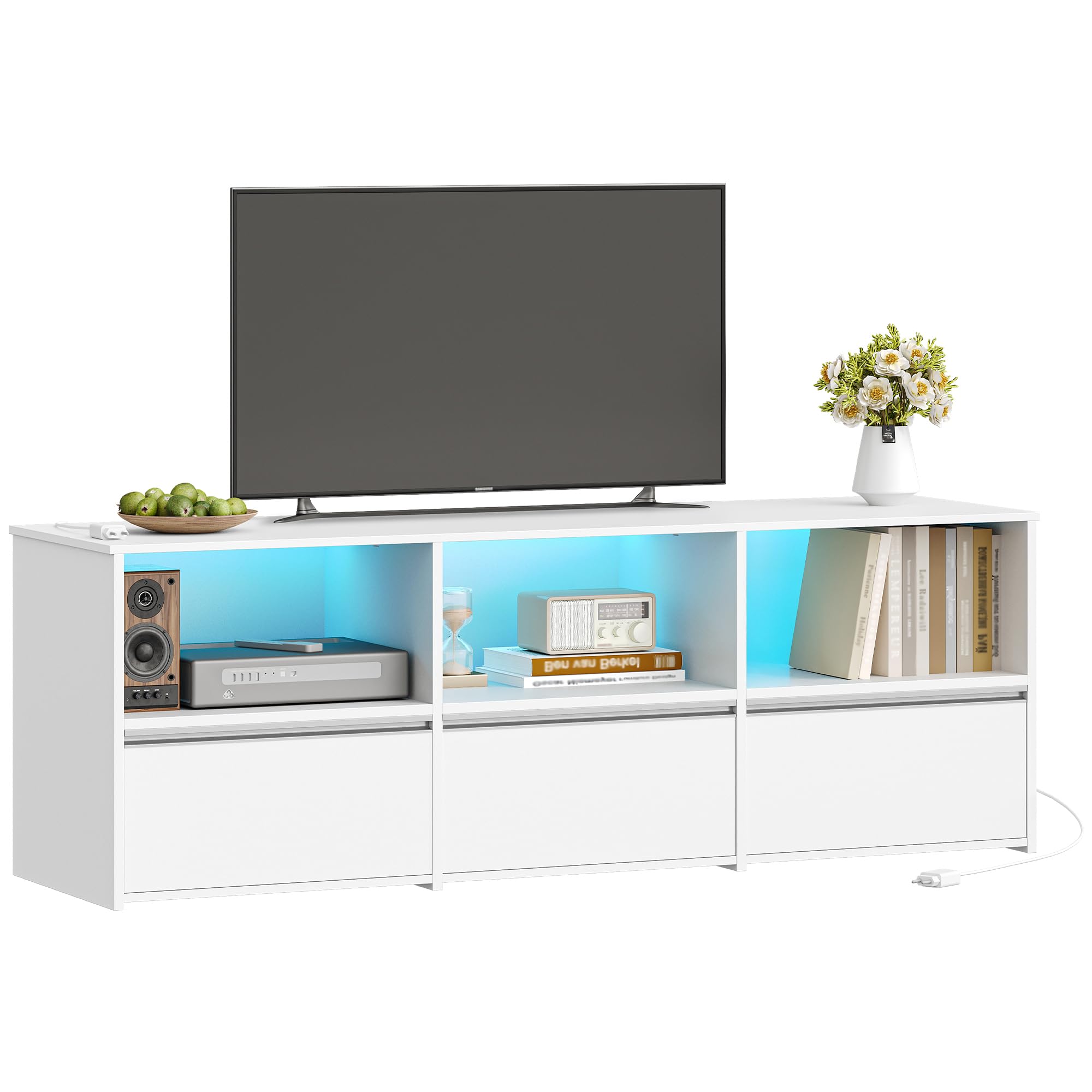 Hzuaneri TV-Schrank mit RGB LED Beleuchtung (25 Farben), TV Cabinet für Fernseher bis zu 65 Zoll 143,5 lang, TV Board mit 3 Schubladen, 3 offenen Fächern für Wohnzimmer, Schlafzimmer, Weiß TV16503WEU