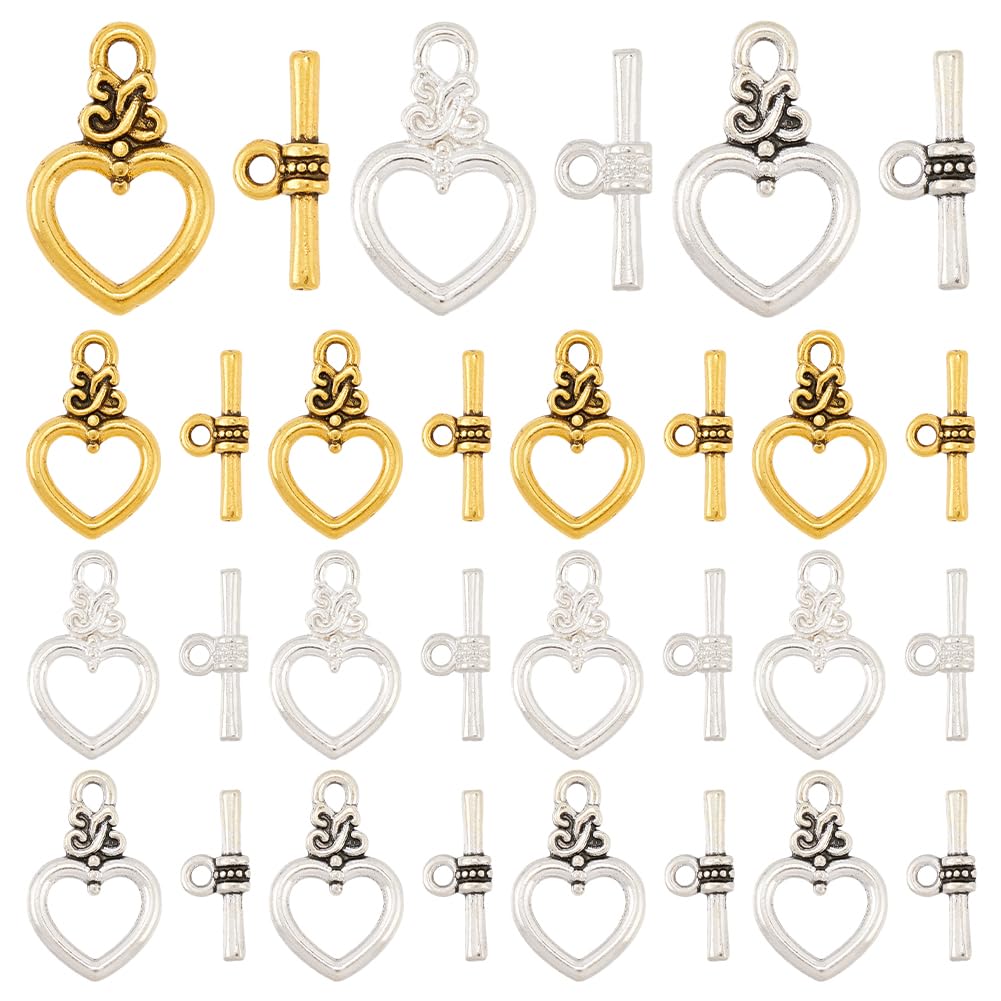 SUNNYCLUE 1 Box 3 Colors 72 sets Heart Toggle Clasp Toggle Jewellery Clasps Alloy Antique Golden Silver Bar And Ring t-Bar Clasp Connector for Jewellery Making Diy Necklace Brcalet Women Accessories
