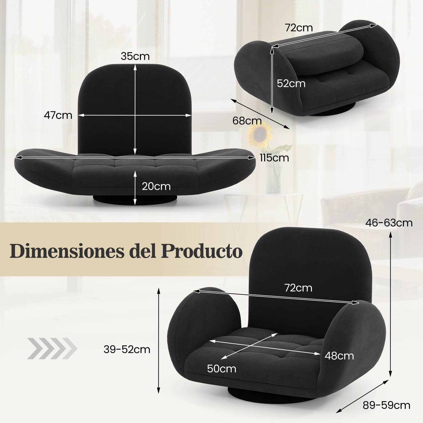 COSTWAY Silla de Suelo con Base Giratoria 360°, Sillon Lectura con Respaldo y Reposabrazos Ajustable en Multiniveles, Sillón Sofá Perezoso Reclinable para TV, Lectura y Videojuegos (Negro)