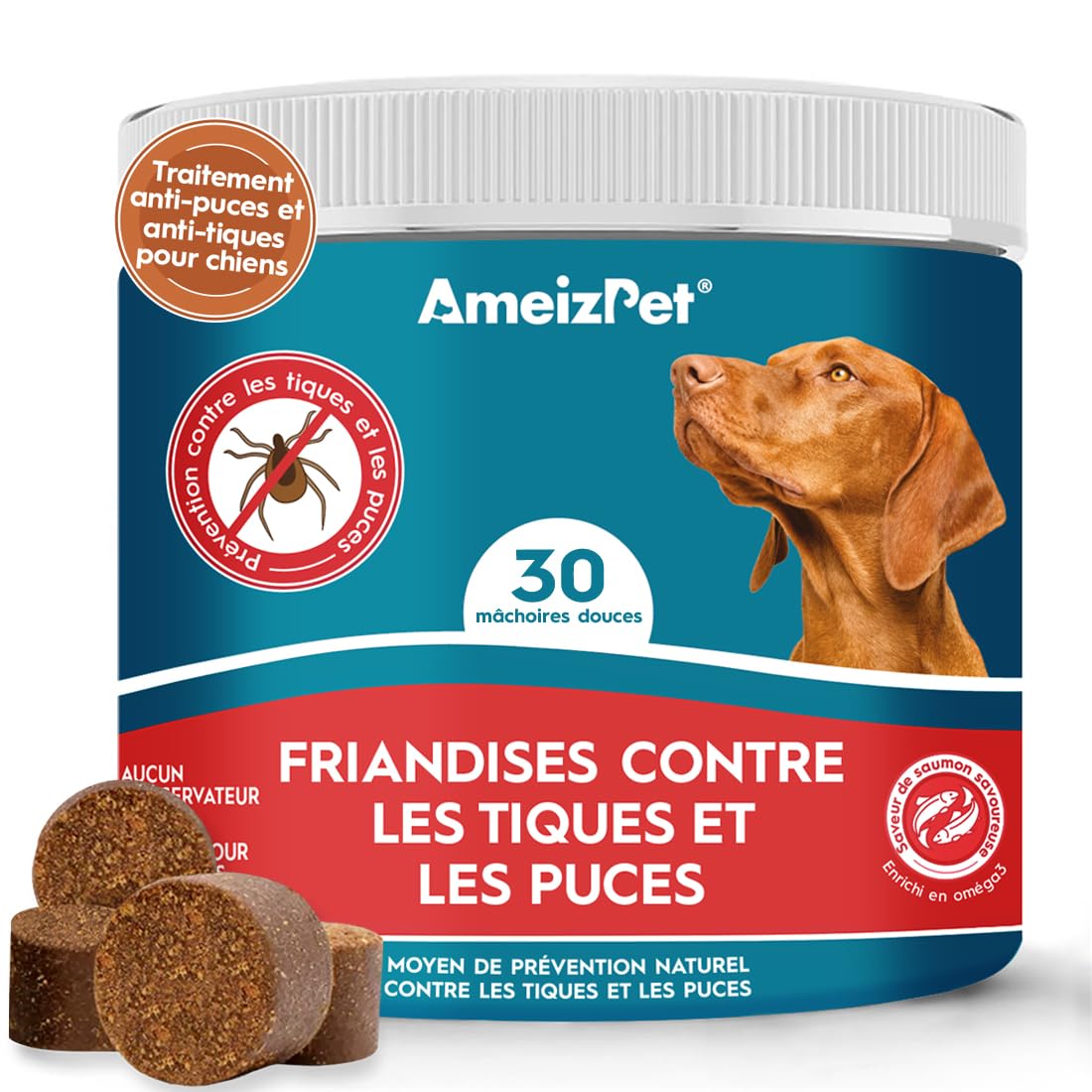 AmeizPet Cachet Chien Anti Puces Et Tiques Comprimés, Anti-Puces Chien Anti-Tique Prévention des Puces pour Chiots Et Chiens Adultes, Enzymes Digestives, 30 Friandises, 67.5g (2.3 Oz)