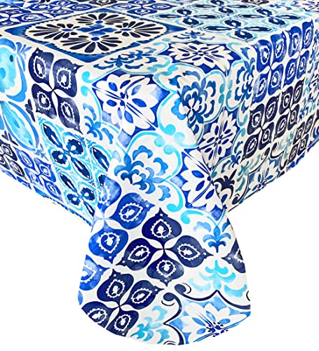 Newbridge Mediterranean Blue Tile Print Flannel Backed Vinyl Tablecloth, Geometric Blue Floral Wipe Clean Indoor Outdoor Table Cover, 60 Inch x 102 Inch Oblong/Rectangle