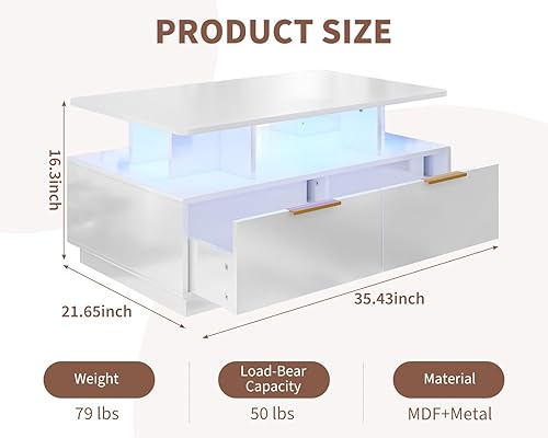 Miniatura 2 de GarveeHome Mesa de centro LED de alto brillo, mesa de café moderna de madera de alto brillo de 35 pulgadas con almacenamiento, mesas centrales de 2