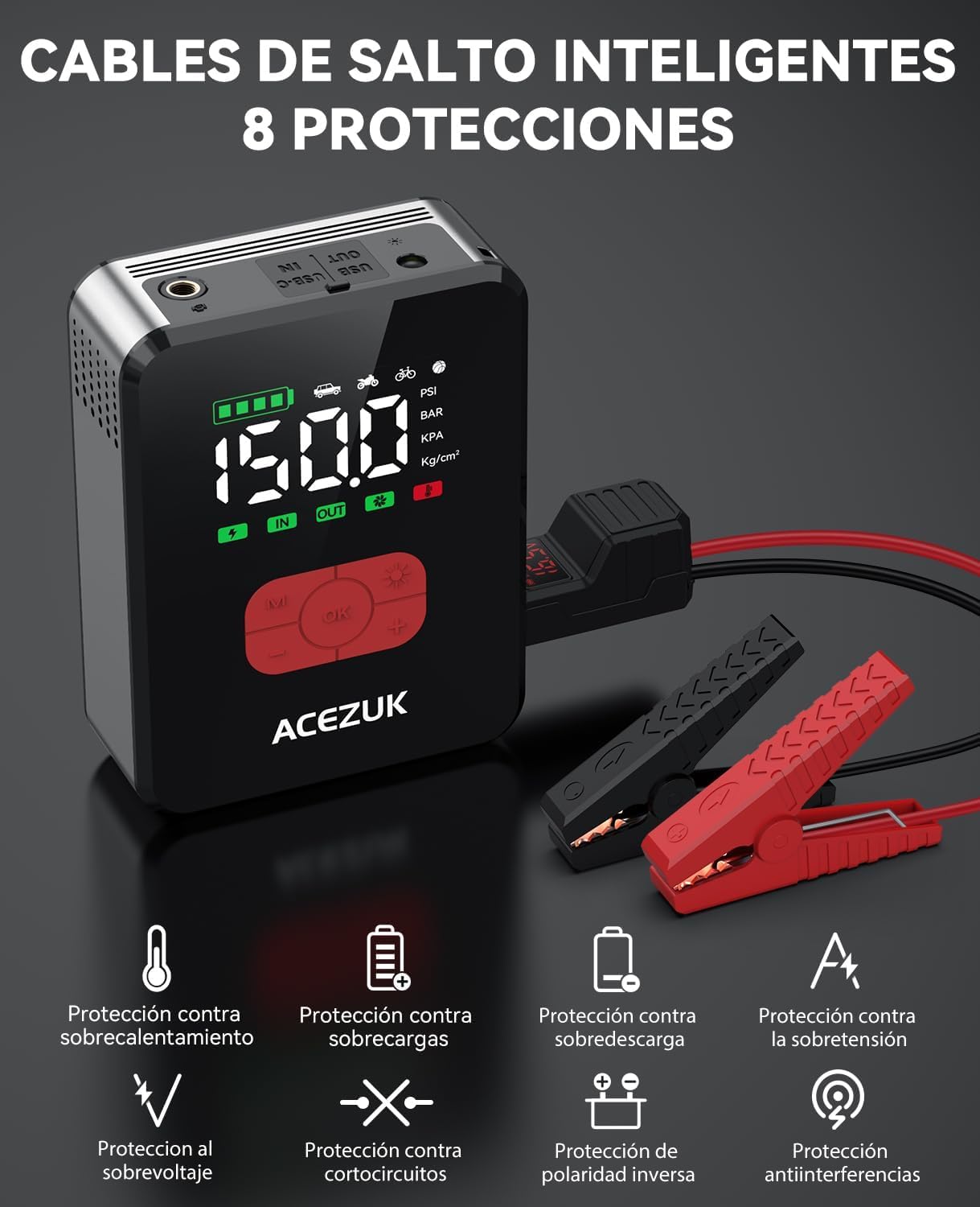 ACEZUK 7000A Arrancador de Baterias de Coche con 150PSI Compresor de Aire, Arrancador Coche Portatil con Inflador(Todo Gas o 12.0L Diésel), 12V Jump Starter, Pantalla Grande LCD, 600 Lúmenes LED