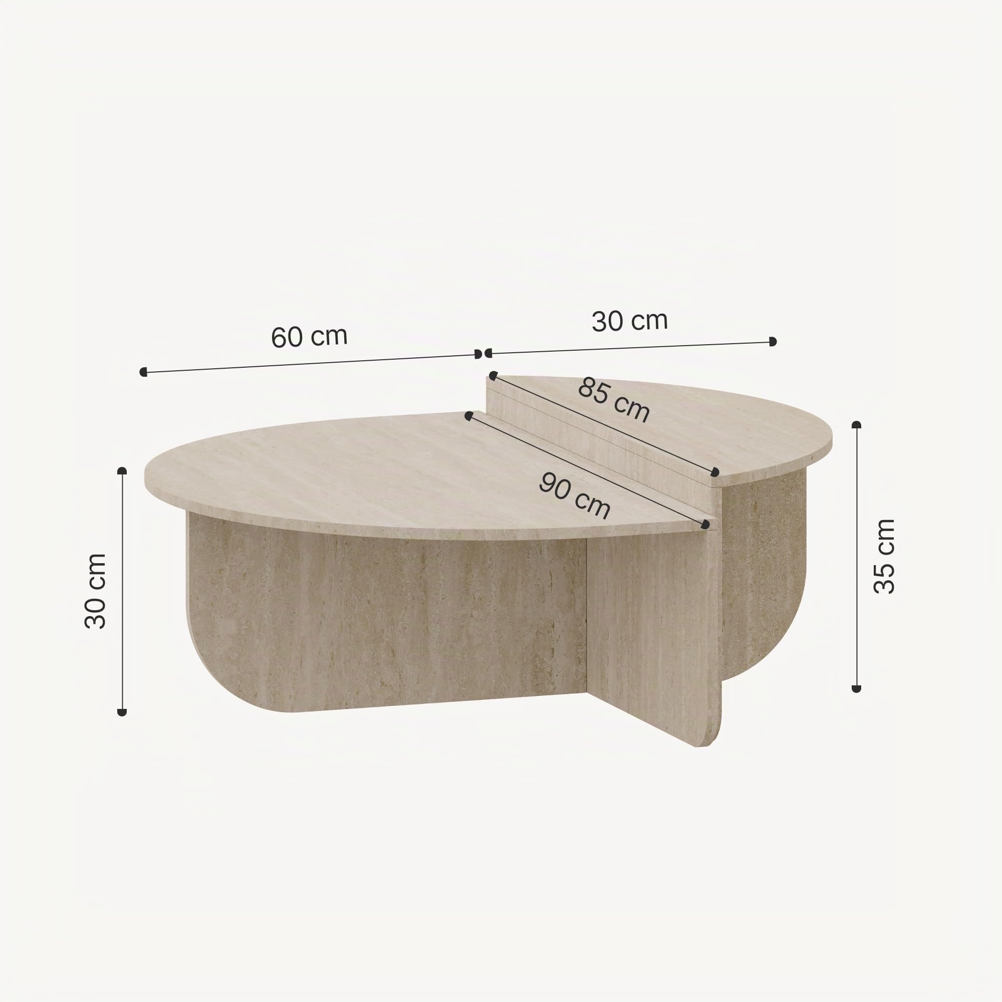 [en.casa] Mesa de Centro Tondesdaslo Tablero Doble Semicircular Mesita de Café Mesa Auxiliar de Sofá Salón Despacho 90 x 90 x 35 cm - Travertino