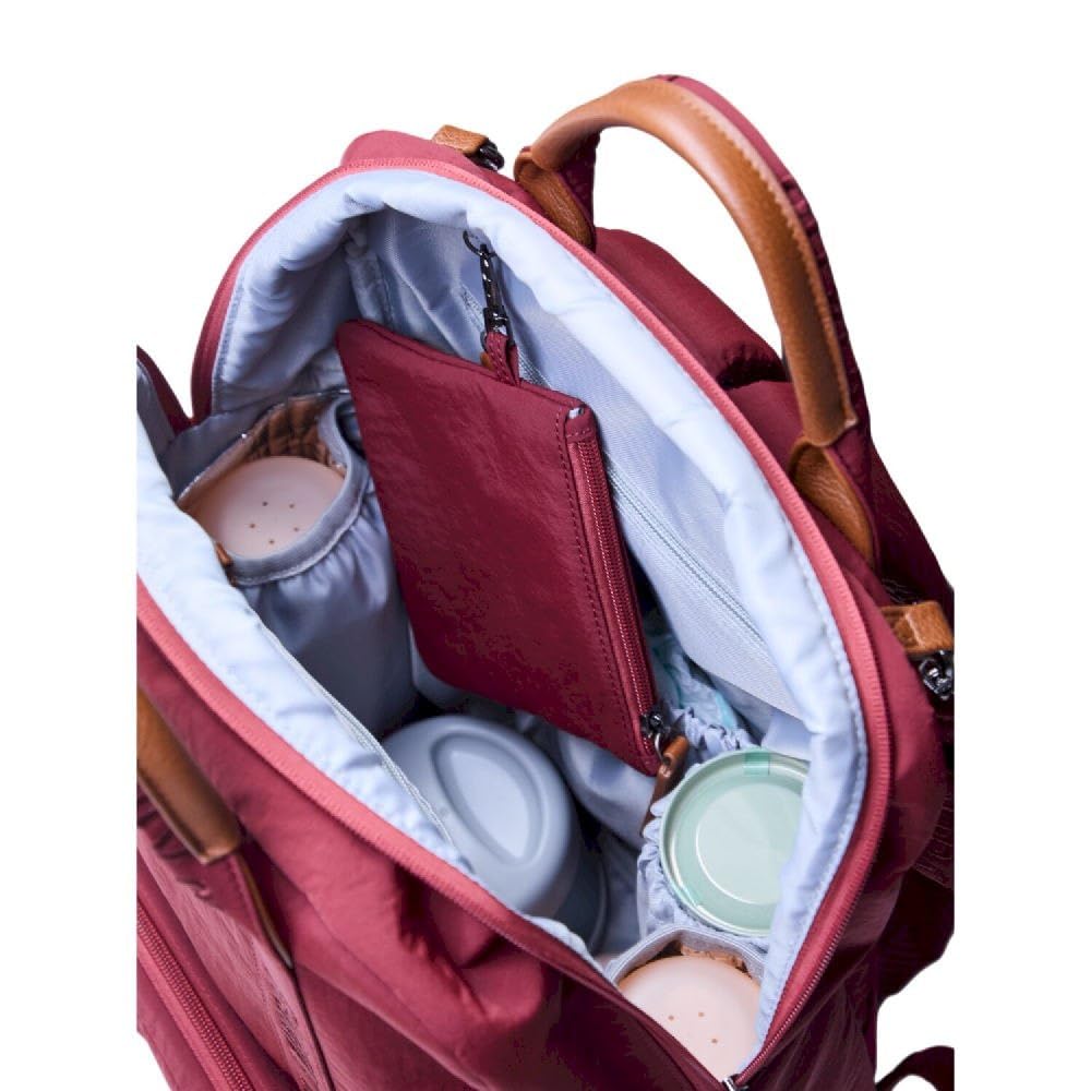 CHILDHOME, Plecak na pieluchy Family Bag, duża pojemność, wielofunkcyjna, mata do przewijania w zestawie, 11 przegródek, izolowane kieszenie, walizka na kółkach, wieszak na wózek, 20,5 l, bordowy