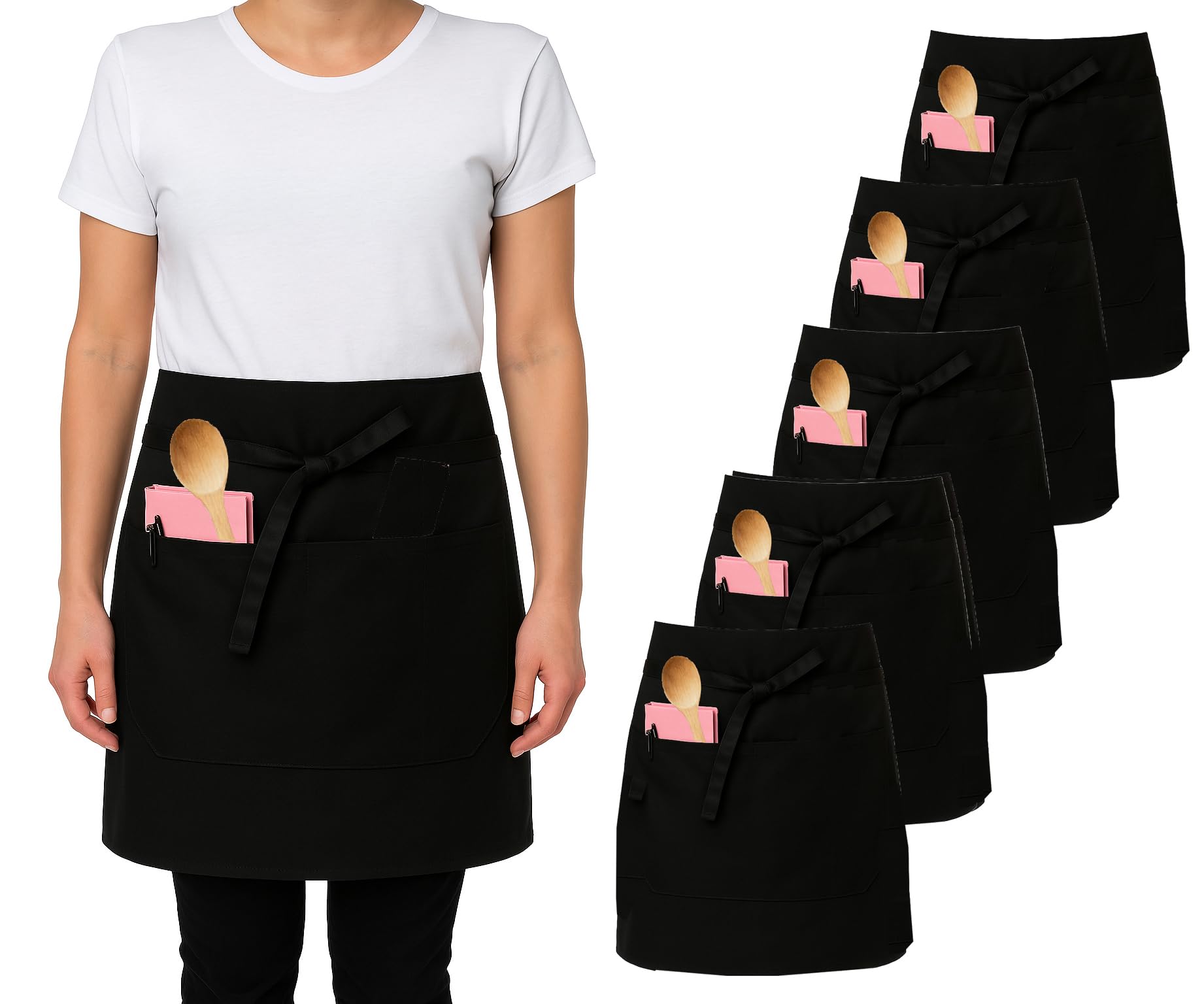 IBEX Unisex Short Waist Apron with 2 Pocket - Professional Catering, Restaurant, Bar & Kitchen Apron for Chefs, Waiters, Bartenders, Servers & Home Cooking - Black (Pack of 5)