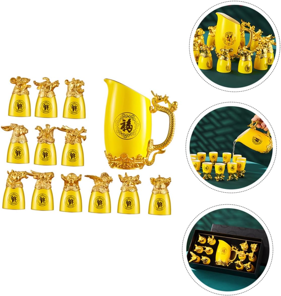 PRETYZOOM Charming Chinese Zodiac Liquor Cups 12 Pieces Ceramic Wine Cup Set Gold Plated Holder