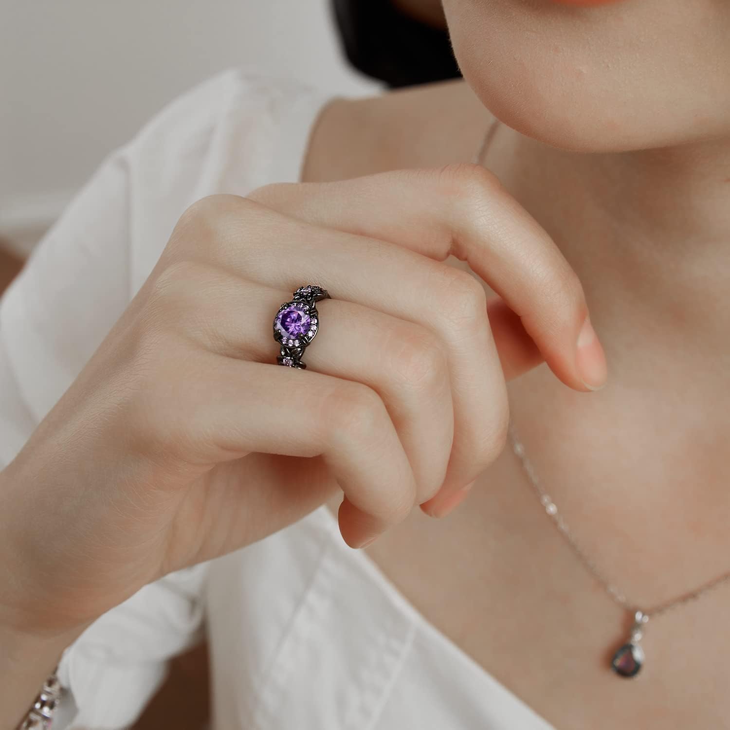 Eternity Ring for Women,18K Black Gold Plated Created Opal/Mystic Topaz/Amethyst Garnet Wedding Engagement Promise Rings Band - Image 2