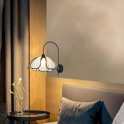 Miniatura 4 de Aplique de pared de metal retro francés con pantalla de tela negra cableada E26E27 Base de tocador de baño para dormitorio, sala de estar, pasillo