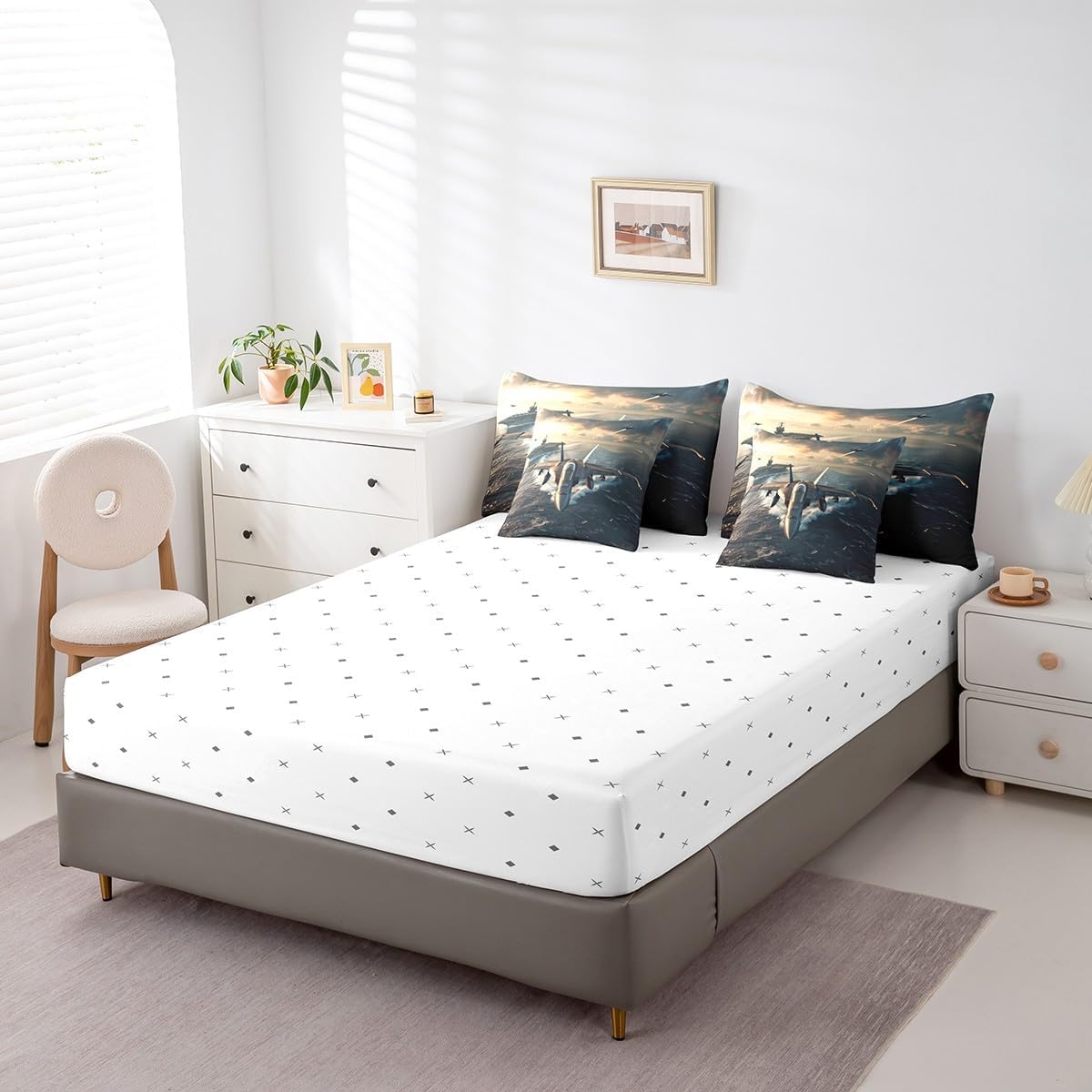 7 Pieces Queen Size Fighter Aricraft Comforter Set,Warplane Warship Aviation Airplane Fashion Bedding Set for Boys Men Sea Sunset (Comforter+Fitted+Flat Sheet+2 Pillowcases+2 Throw Pillow Covers)