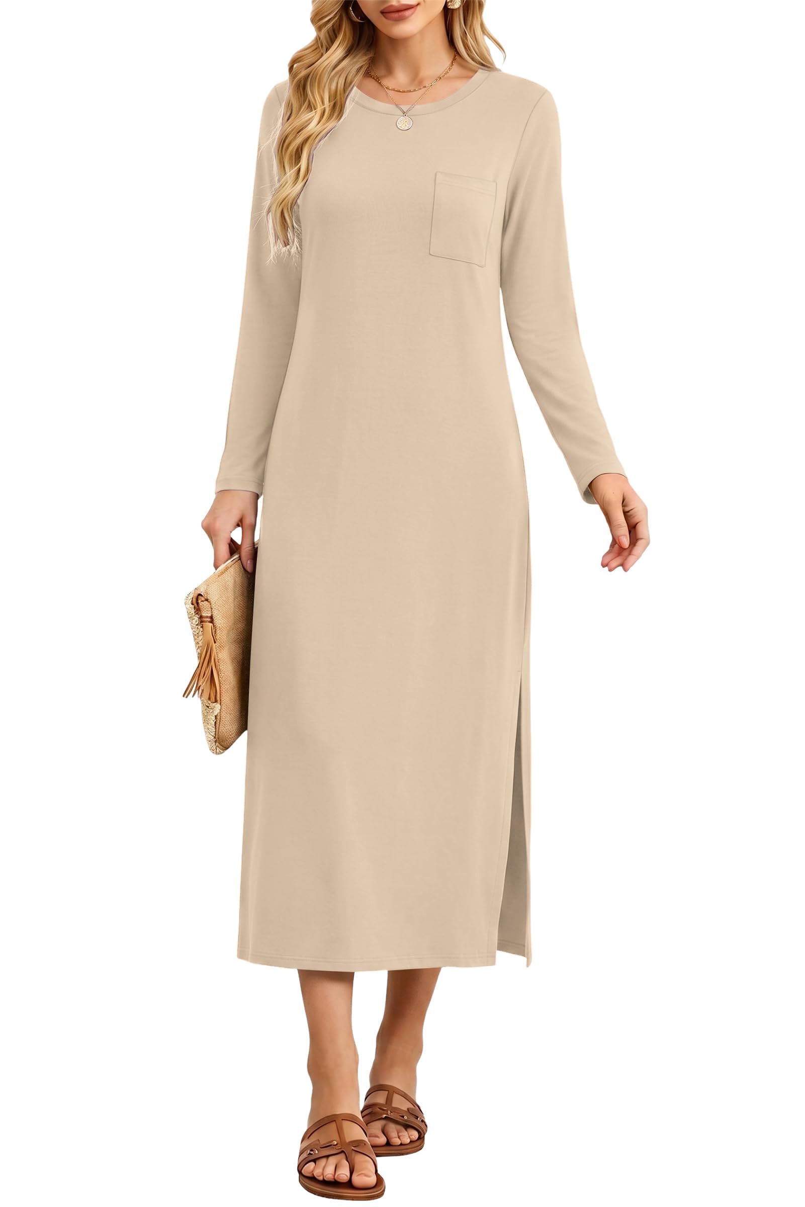 AUSELILY Damen Herbst Midikleid mit Langarm, Schlitz, locker und lässig | Rundhalsausschnitt mit Lockerem Schnitt,Seitenschlitze,Weiches und Elastisches Material,Passend für Herbst- und Winteroutfits