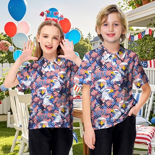 Image of AOBUTE Kids 4th of July Polo American Flag Short Sleeve Button Down Shirts Tops 3-14 Years