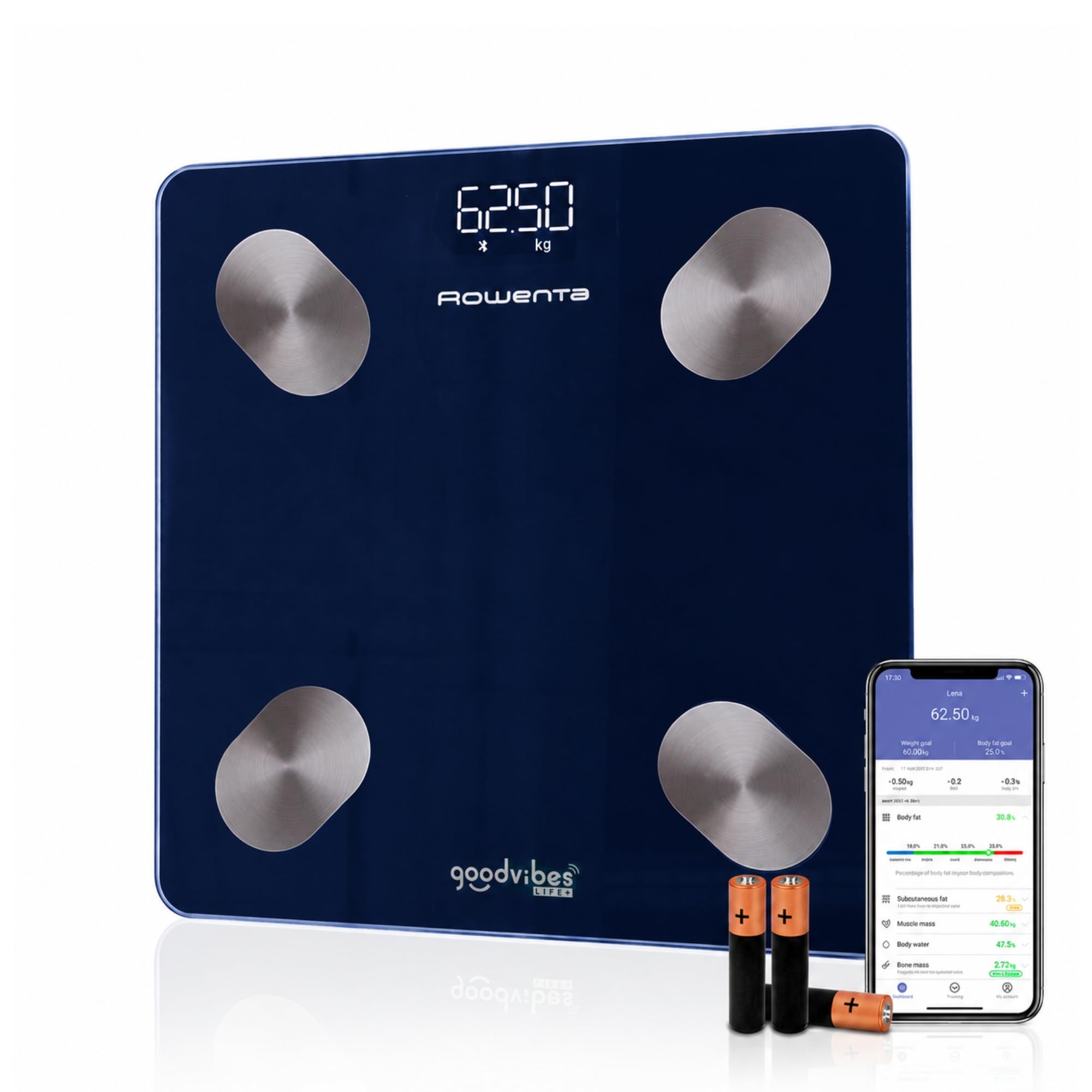 Rowenta Goodvibes Life + 2.0, Pèse-personne connecté, Application intuitive, 15 indicateurs corporels, Haute précision, Utilisateurs illimités, BR9720F0