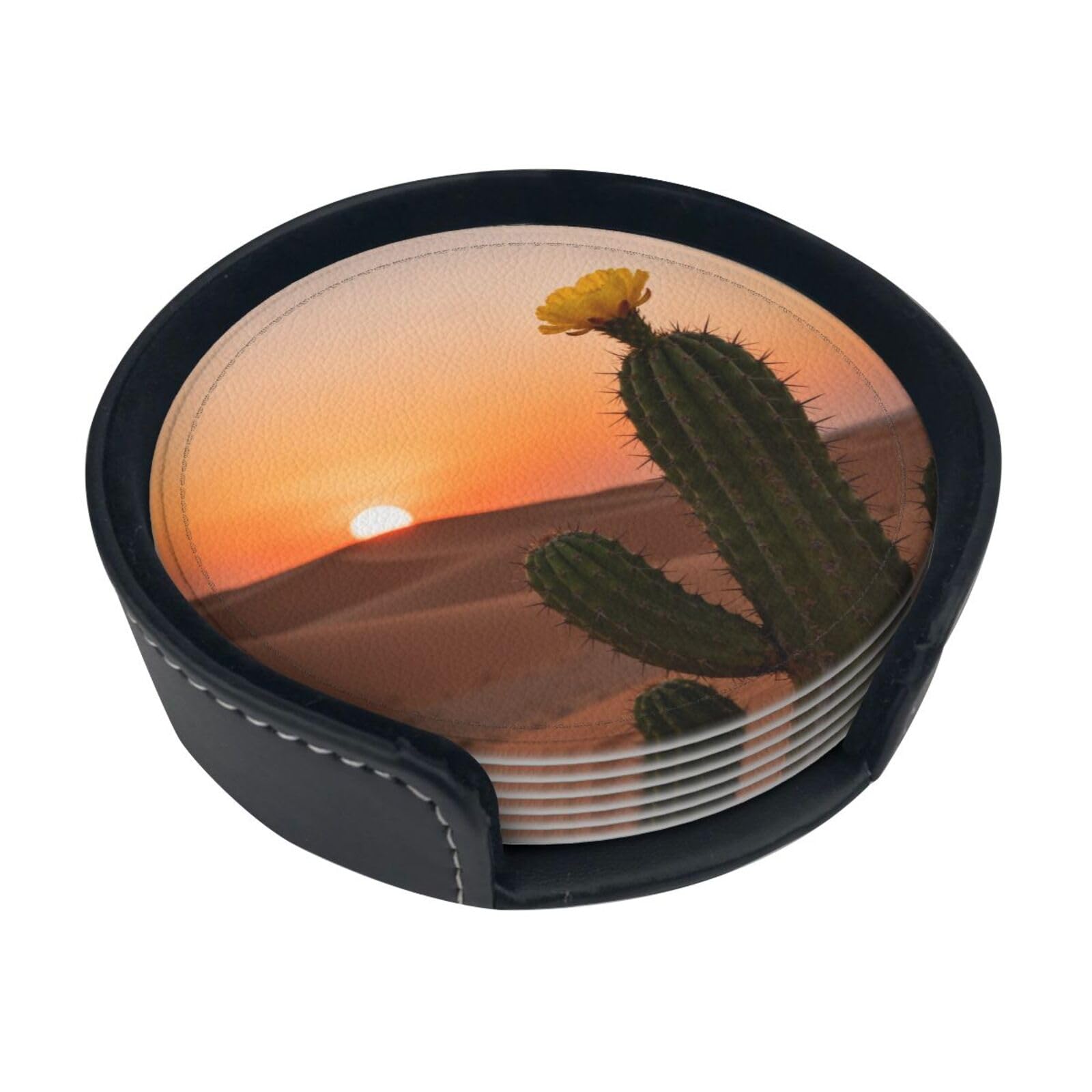 Cntdbu White Desert Cactus Bloom Leather Coasters Set Of 6-Pu Leather Drink Mats For Table, Heat Resistant Round Coasters With Holder