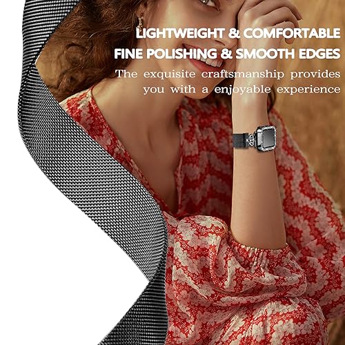 Magnetic Band Compatible with Apple Watch 38mm 40mm 41mm 42mm 44mm 45mm 46mm Stainless Steel Metal Strap with Bling Case and Built-in Screen Protector, Dressy Milanese Loop iWatch Bands for Women