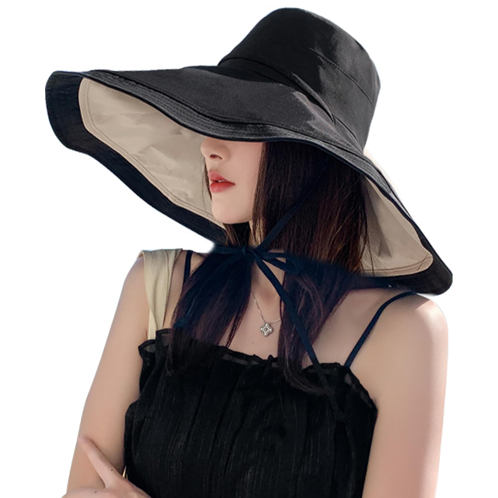 Risipu Women's Black Wide Brim Sun Hat Floppy Sun Visor Uv Protection Beach Hat Breathable Summer Bucket Hat Fishing Hats Visors Foldable Hats Upf 50+ (Polyester, )