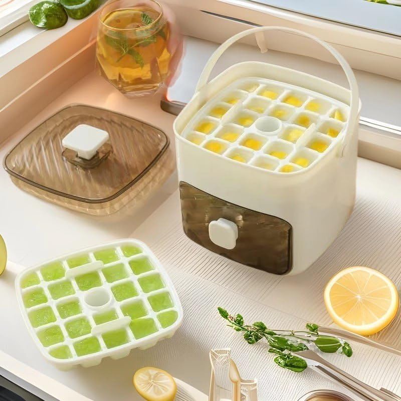 Double Layer Ice Cube Storage Box with Handle, Square Ice Maker Tray with Lid, 48-Grid One-Press Easy Release