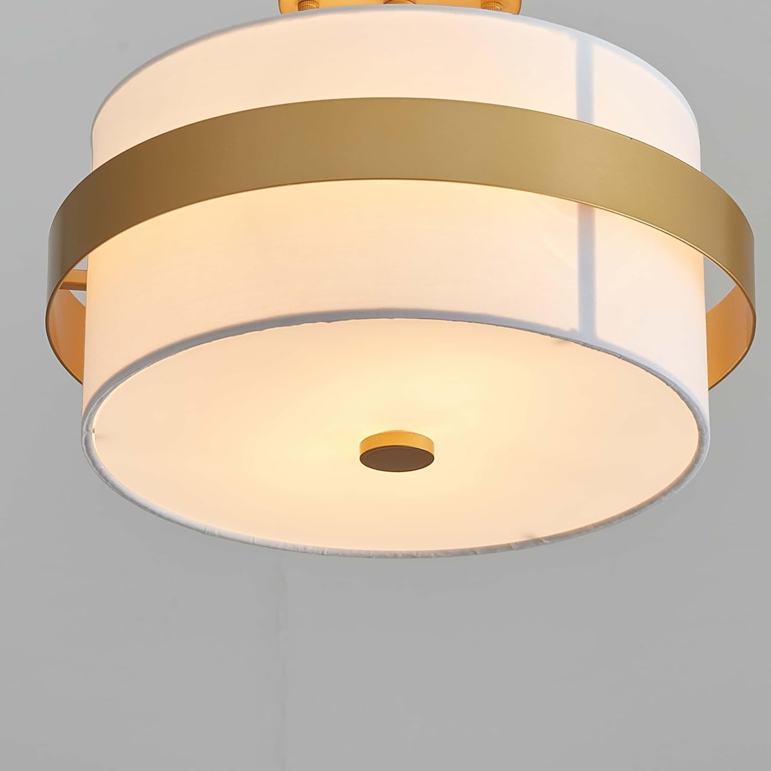 Mid-Century Fabric Linen Bedroom Close to Ceiling Light, 2-Light Beige Textured Linen Shade with Gold Metal, D13*H9.1 inches, for Dining Room, Living Room, Bedroom