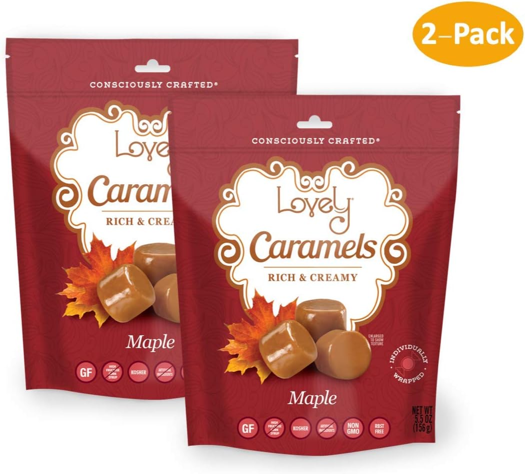 MAPLE Caramels (2-Pack)- Lovely Co. 6 oz. Bag - Holiday Seasonal Flavor | Soft & Chewy, Old Fashioned Style, Authentic Caramel Candies - Non-GMO, Soy & HFCS- Free, Gluten-Free & Kosher!