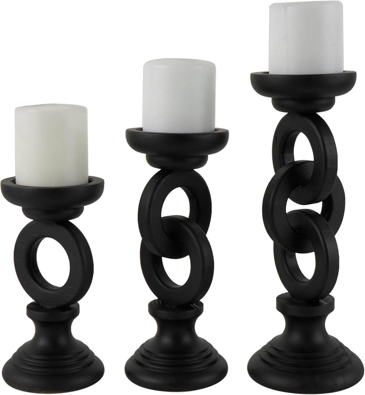 Deco 79 Wooden Decorative Candle Holder Chain Link Candle Stand, Set of 3 Candlestick Holder 13", 11", 9" H, Black