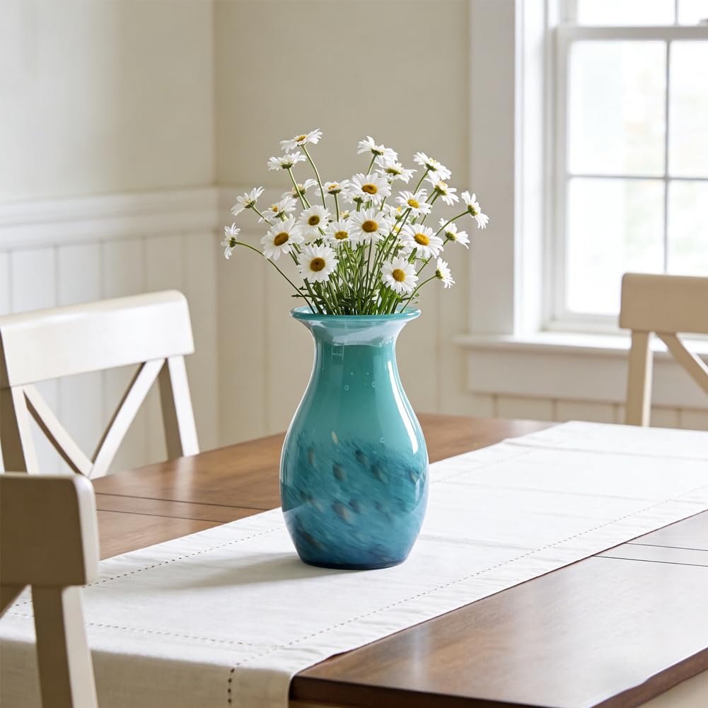 Jarrones de vidrio verde azulado para flores, jarrón de vidrio soplado a mano, decoración del hogar, jarrón de boca ancha, centros de mesa para estanterías, mesa de comedor, escritorio de oficina