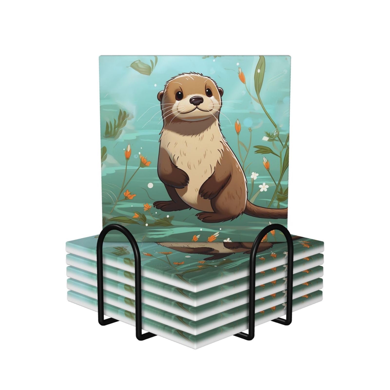 6Pcs Ceramics Coaster for Drinks, Cartoon Cute Otter Cup Coasters with Holder, Aesthetic Drink Coasters for Coffee Table, Absorbent Round Coaster for Tabletop Protection 4" Cup Mat Pad