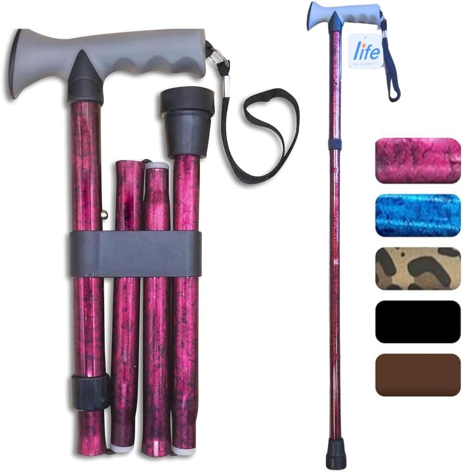 โ Life Healthcare Walking Stick Comfort Gel Handle For Arthritis, For Elderly Disabled, Folding Adjustable Height, Plain Black, Right Or Left Handed, With Non-Slip Rubber Tip, Wrist Strap, Lightweight