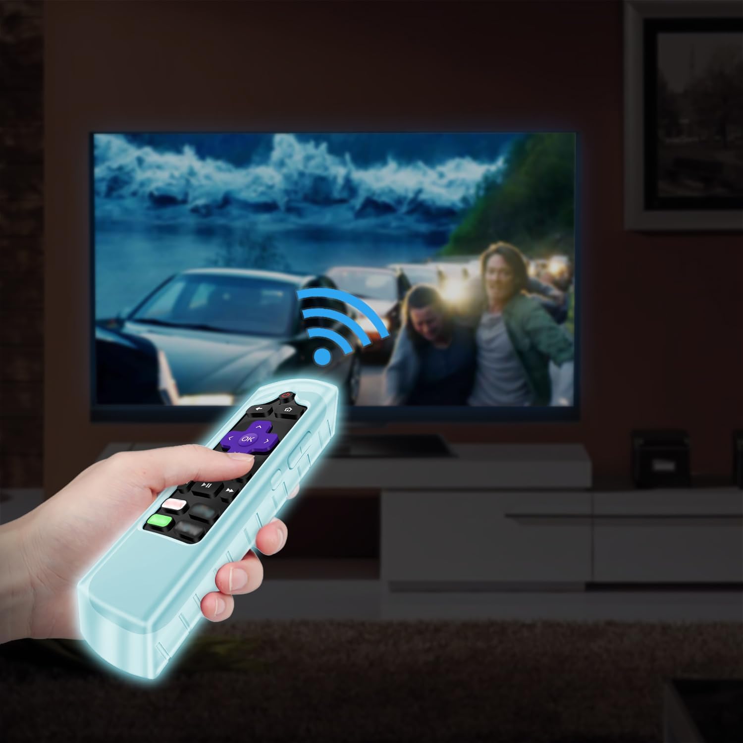 Silicone Case for Roku Voice Remote RCA1R/RCAL7R, Express HD/4K+ | Ultra LT Enhanced Voice, Express 3930, Premiere+ 3921, Streaming Stick+ Remote Cover, Shockproof, Anti Slip, Blue Glow