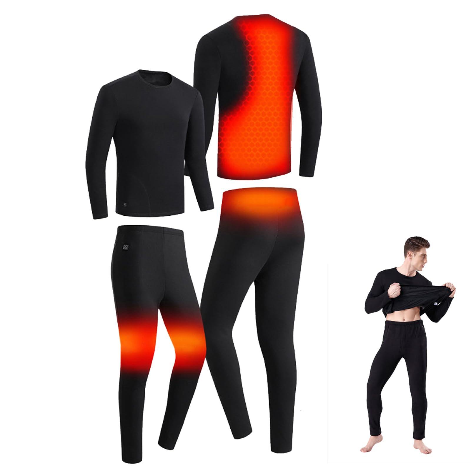 TOVCHEI Electric Heated Thermal Underwear Set for Men, USB Smart Heating Base Top Long Johns Set for Outdoor Sports Hunting,Black,M