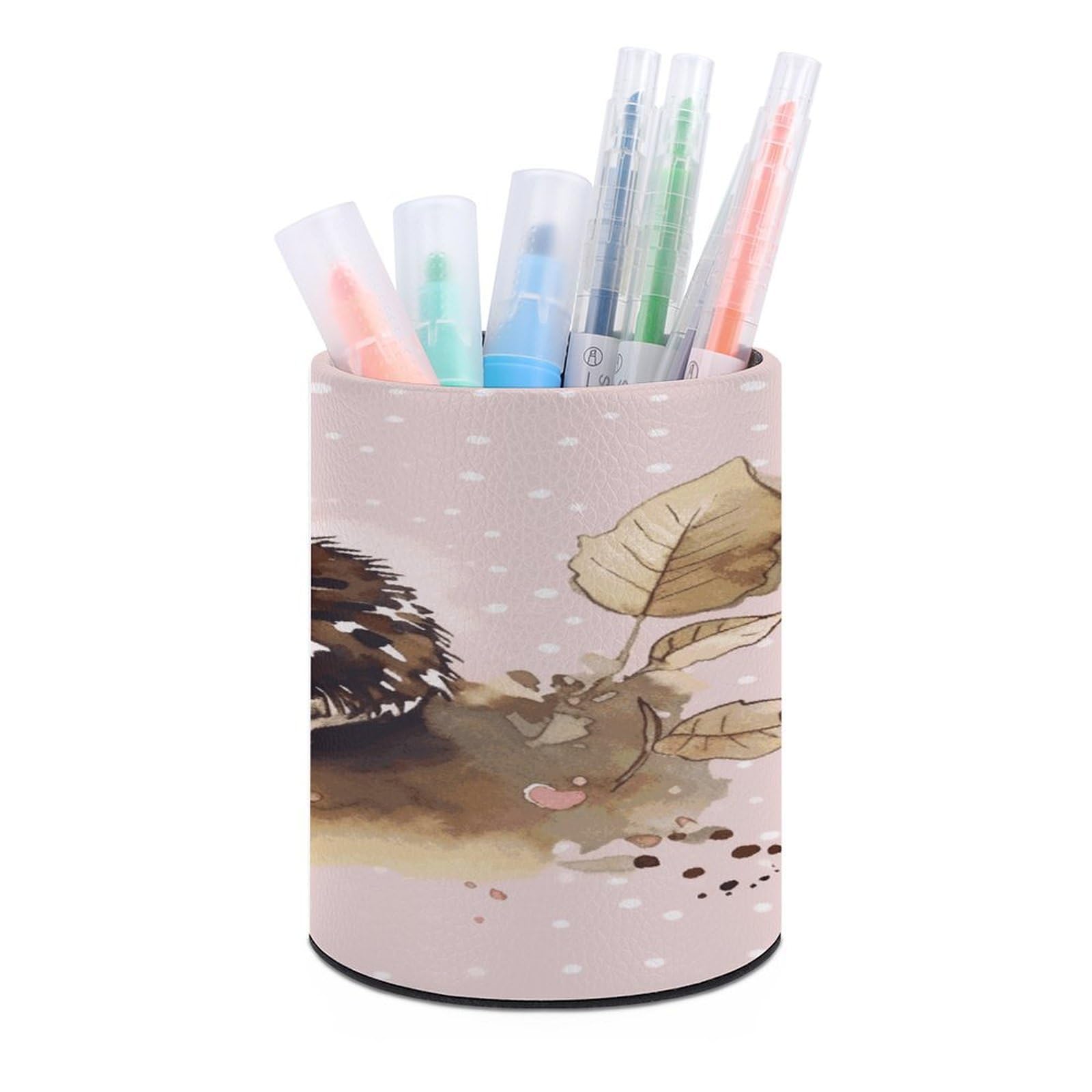 JTREHY Hedgehog Watercolor Painting Pen Holder Round Pen Pencil Holder Makeup Brush Holders Cup PU Leather Pencil Cups Desktop Caddy Stationery Organizer Case Office Accessories Container Box