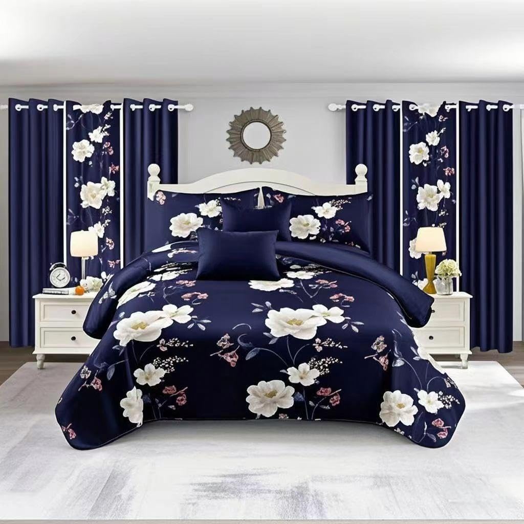 9 Pieces Bed in a Bag with Curtains,King Size,Navy Blue and White Flower,Coverlet Quilted Bed Throw,Bedcover,Machine Washable,Gift for Wedding and Fastival
