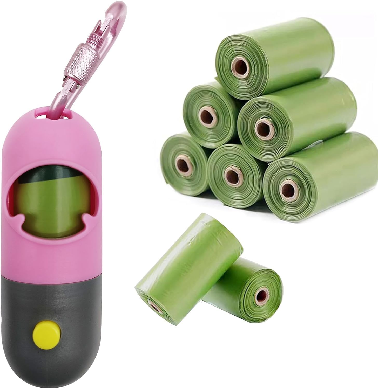 Support de sac pour chien avec lampe de poche LED intégrée et fermoir à laisse, distributeur de sacs à déjections canines avec 15 sacs poubelles pour sacs usagés avec anneau en D et