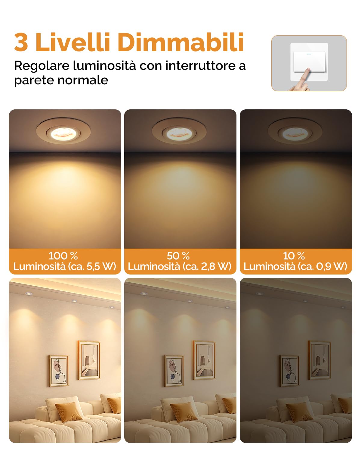 wowatt Faretti LED da Incasso per Cartongesso Dimmerabili 5.5W, Set di 12 | 600LM Luce Calda 2800K Luci da Soffitto Interno Orientabili, IP44 Luci da Soffitto Interno Ultrasottili per Bagno, Foro 68mm