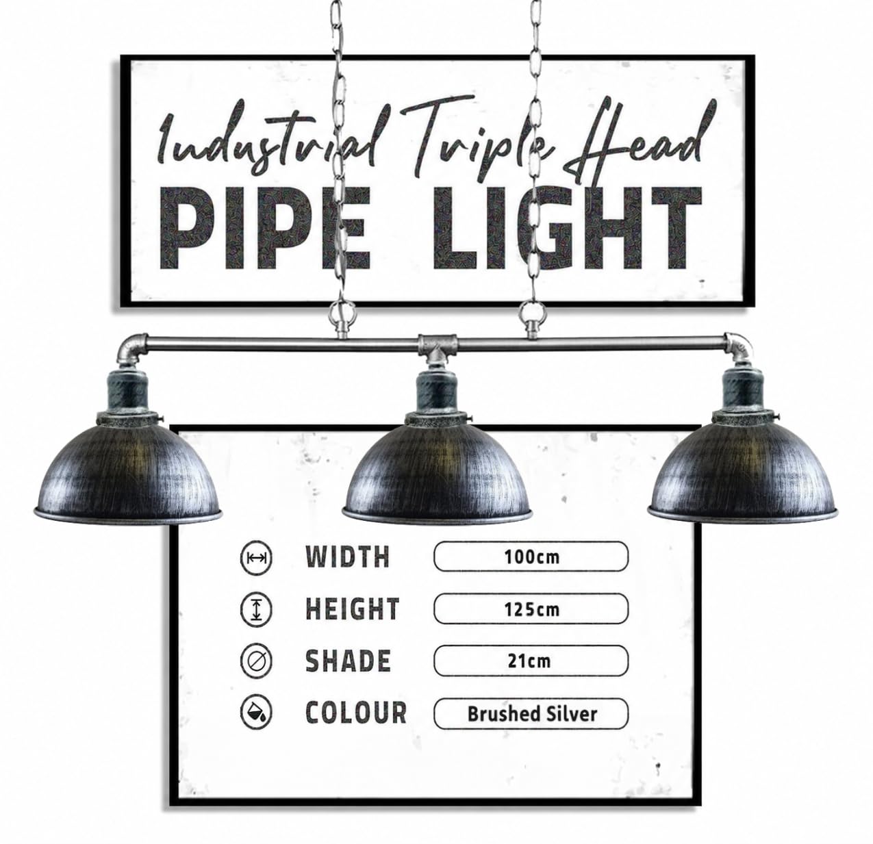 DC VOLTAGE Lámpara de techo industrial de 3 luces con tubo de agua de metal plateado cepillado, pantalla de cúpula vintage de 21 cm con cadena colgante para sala de estar, restaurante, cafetería