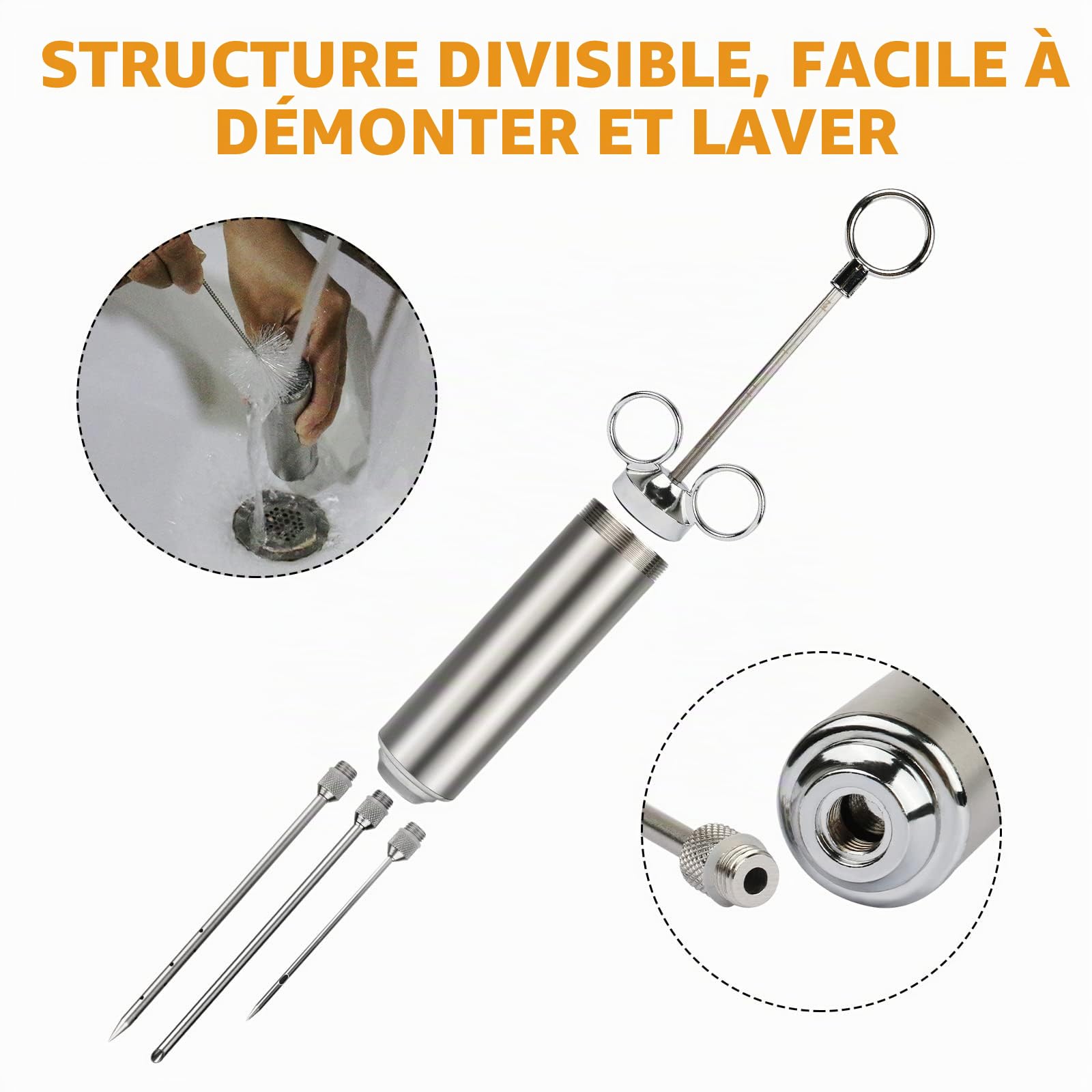 Seringue Alimentaire de Cuisine 60ml en Acier Inoxydable avec 3 Aiguilles de Marinade et 2 Nettoyeurs d'aiguilles, 6 Anneaux de Rechange en O, 1 Pinceau en Silicone