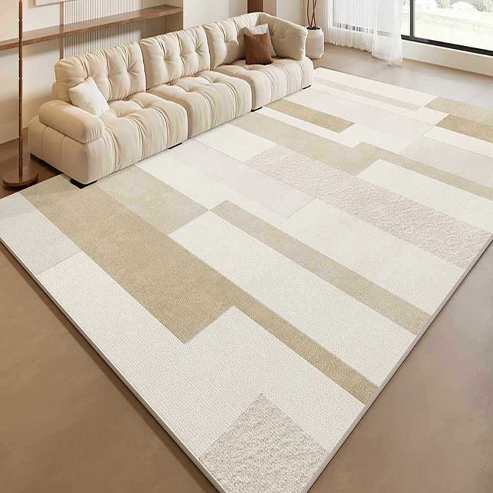 Tapis de chevet de chambre à coucher beige doux 60x90cm avec lignes crème YHT005