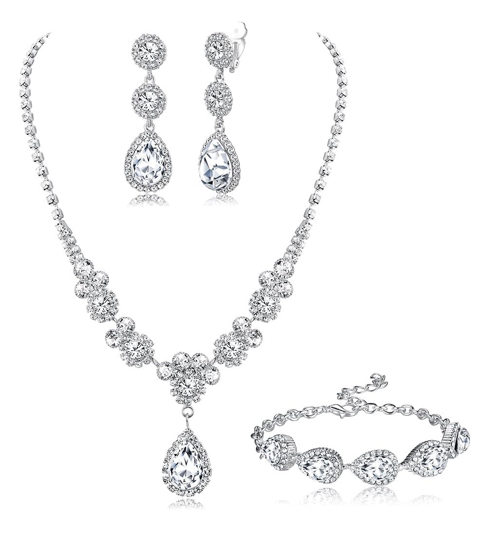 FIOROYAL Juego de joyas para novia, collar, pulsera, pendientes de clip para novias, damas de honor, cristal de gota de cristal, juego de joyas para bodas, bailes de graduación, Aleación