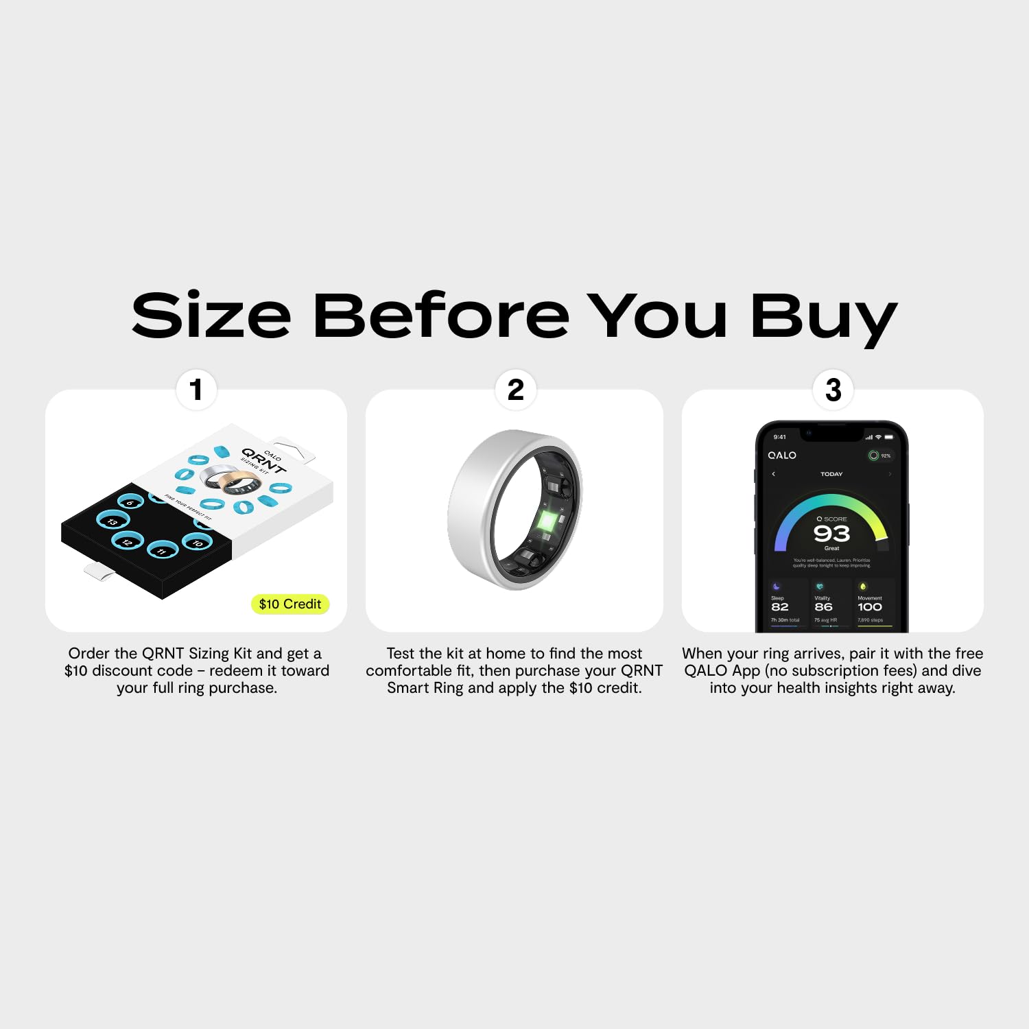 QALO QRNT - Anillo inteligente de seguimiento de salud para hombres y mujeres, color plateado mate, talla 11, anillo de seguimiento ultraligero y resistente al agua para fitness y sueño, tecnología