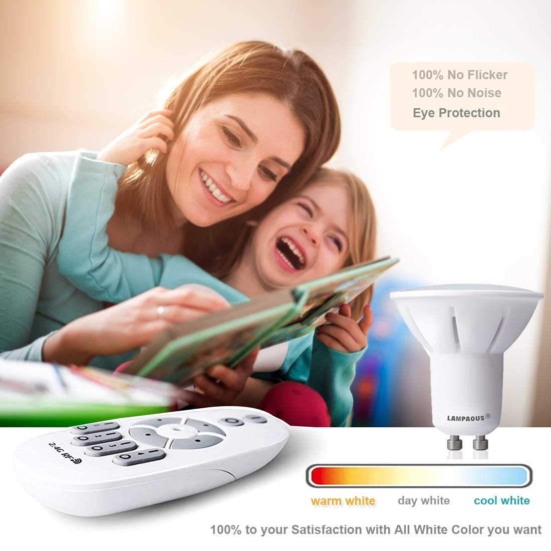 Lampaous Bombillas LED GU10 5W Bombilla 50W Lámpara Halógena Equivalente,Regulable 2700K-6500K,iluminación inteligente,Compatible con Lampaous 2.4G Control remoto,Clase de eficiencia energética A+