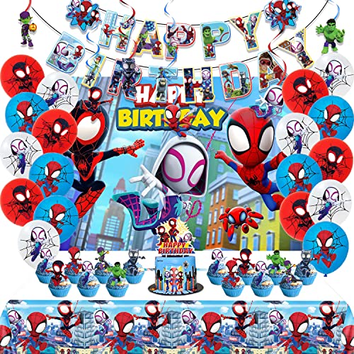 Spidey Birthday Decorations, Party Supplies Set Include Banner, Backdrop, Balloons, Hanging Swirls, Cake Cupcake Toppers, Tablecloth for Boys Girls Spidey Theme Party