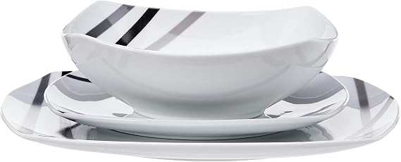Amazon Basics Square Dinnerware Set for 6, Plates and Bowls for Kitchen, 18-Piece, Dishwasher and Microwave Safe, Modern Beams