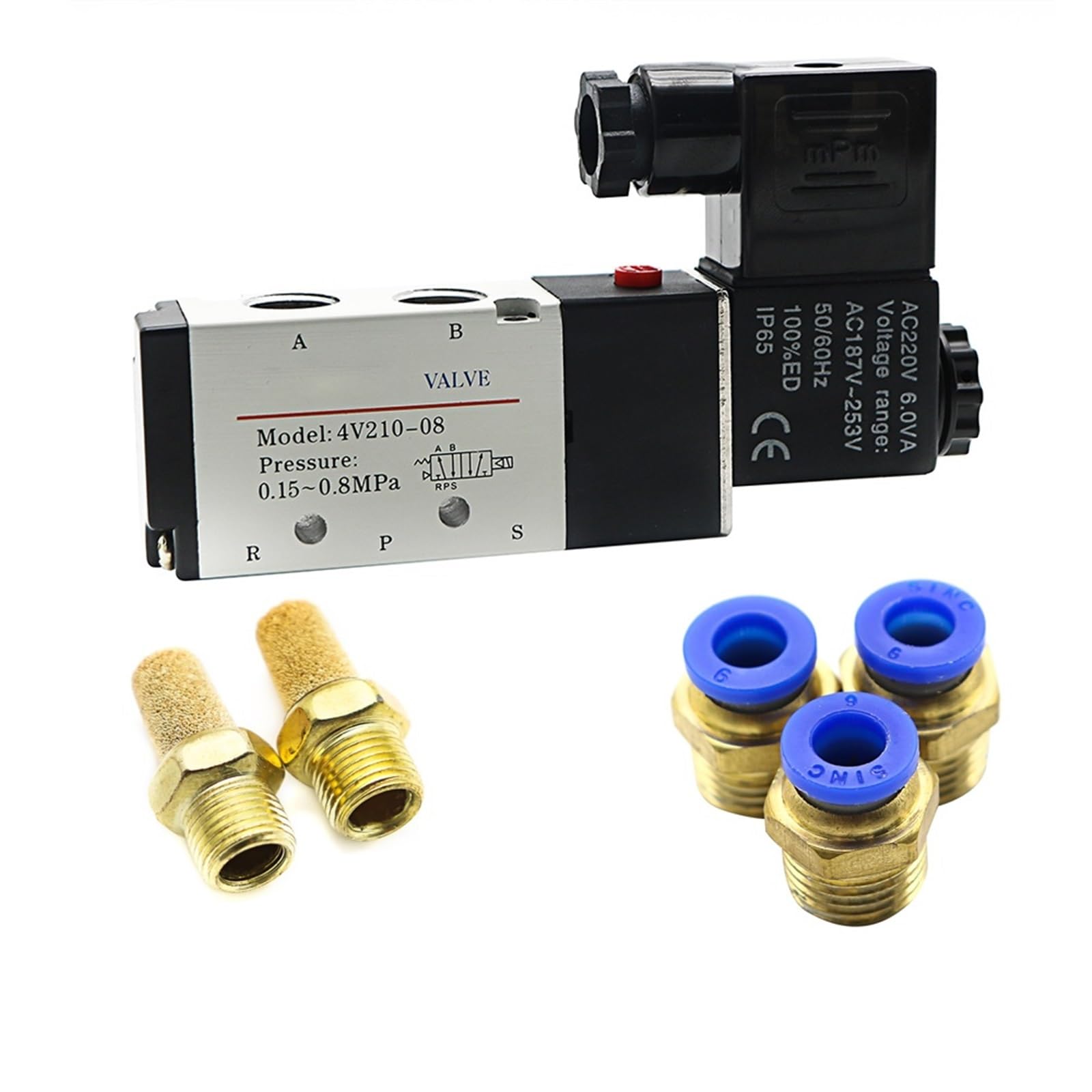 4V210-08 pneumatyczny elektryczny zawór elektromagnetyczny gazu i powietrza z 5-kierunkową regulacją 2-pozycyjną 12 V 24 V 220 V 4 mm-12 mm akcesoria do węży (Pc 12 mm Fittings, AC220)
