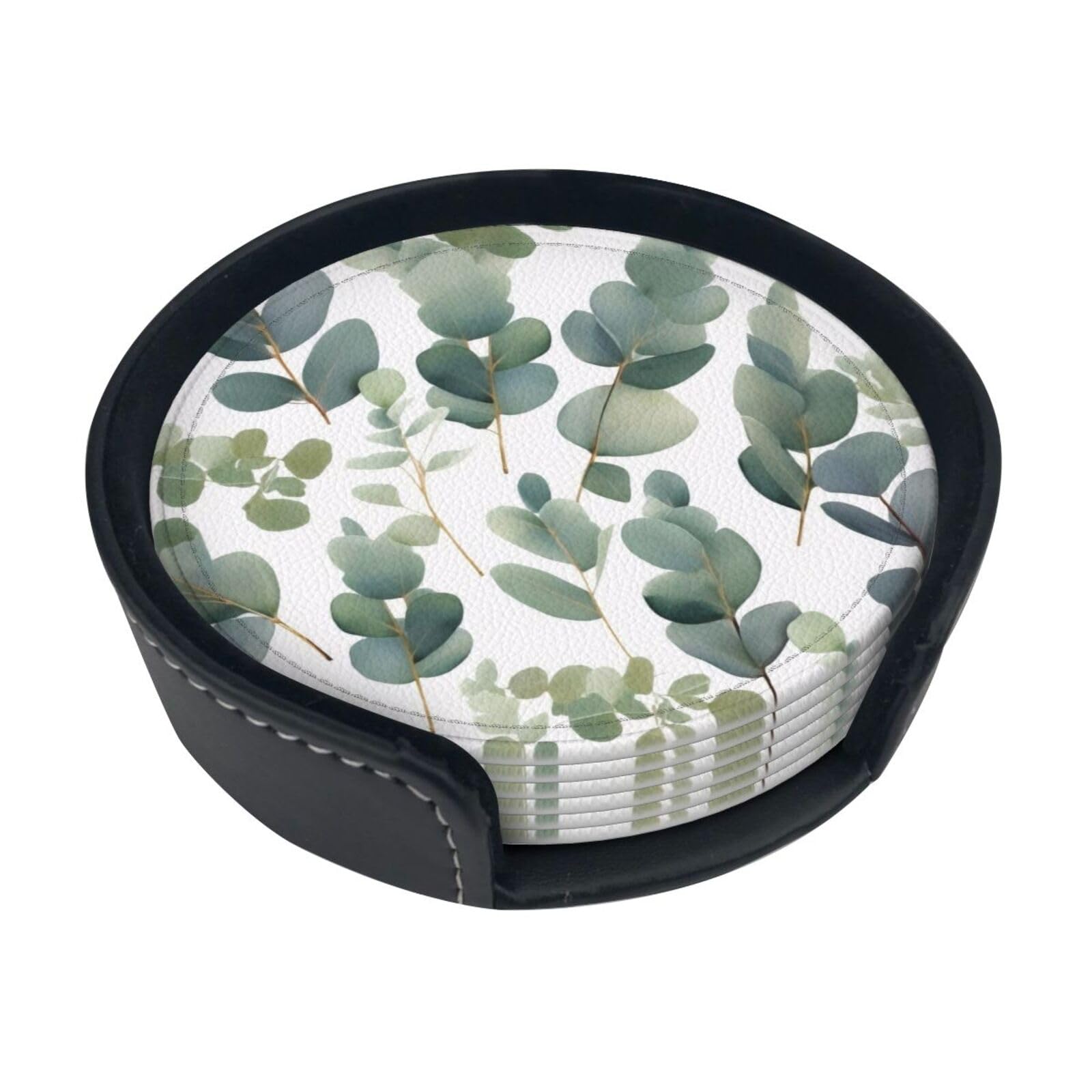 Xdhffjuck White Eucalyptus Leaves Coasters Set Of 6,Drink Coasters Round,Non Slip For Coffee Beer Mug Wine Glass Bottle Home & Bar.