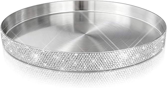 Round Bling Stainless Steel Serving Tray, Shiny Serving Platter for Coffee Table Display, Glitter Rhinestones Decorative Tray for Home Decor Silver-8.6 inch