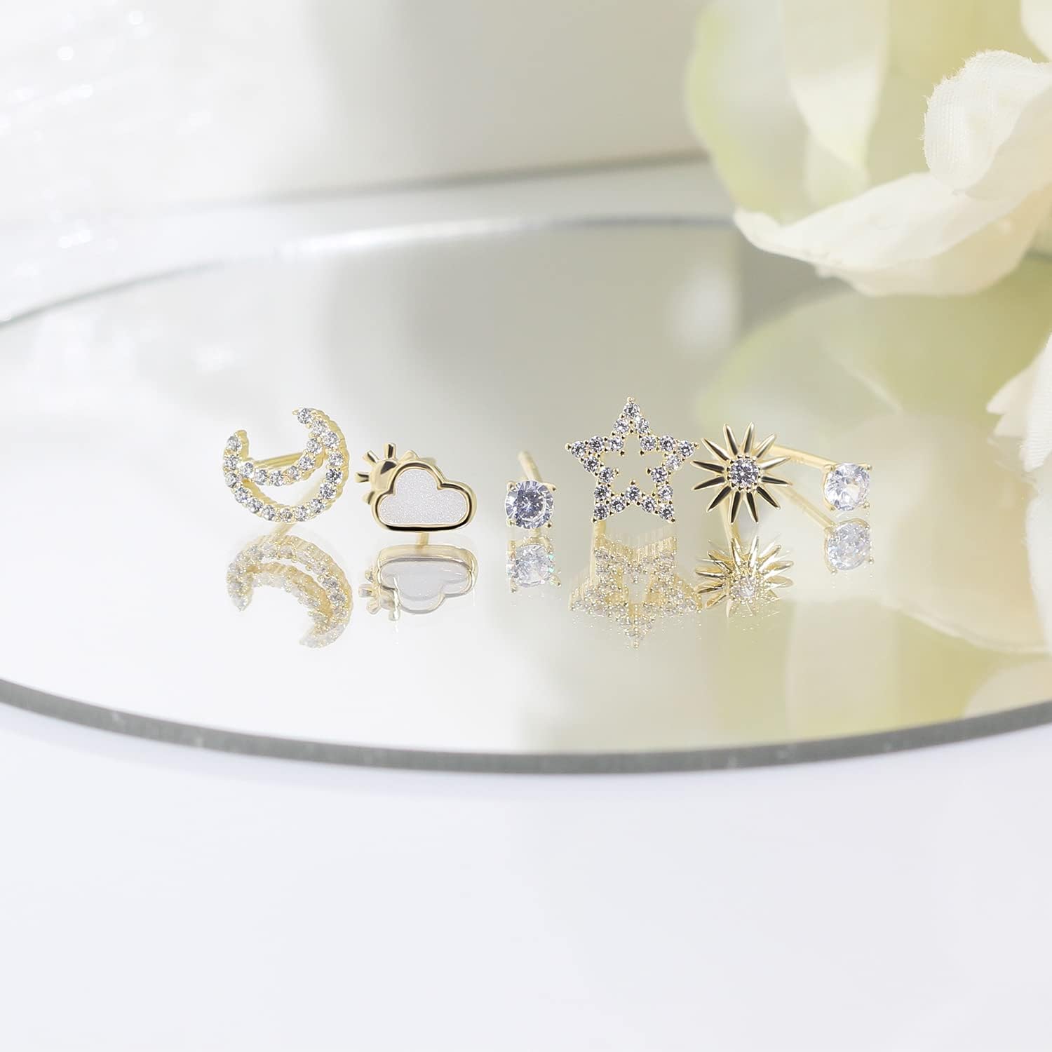 Meissa Sterling Silver Earring Sets Cute Moon Sun Star Studs Tiny Dainty Diamond Studs Perfect for Multiple Piercings