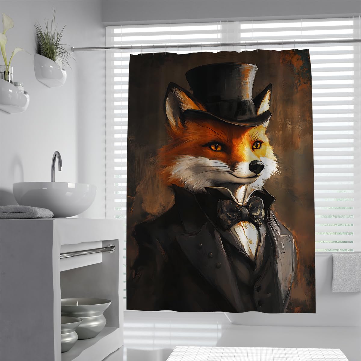 UIRINGART Vintage Fox Shower Stall Liners W100xL200cm Waterproof Anti Mould Retro Animal Top Hat Costume Fabric Bathroom Screen Rustproof Grommets Tub Curtains