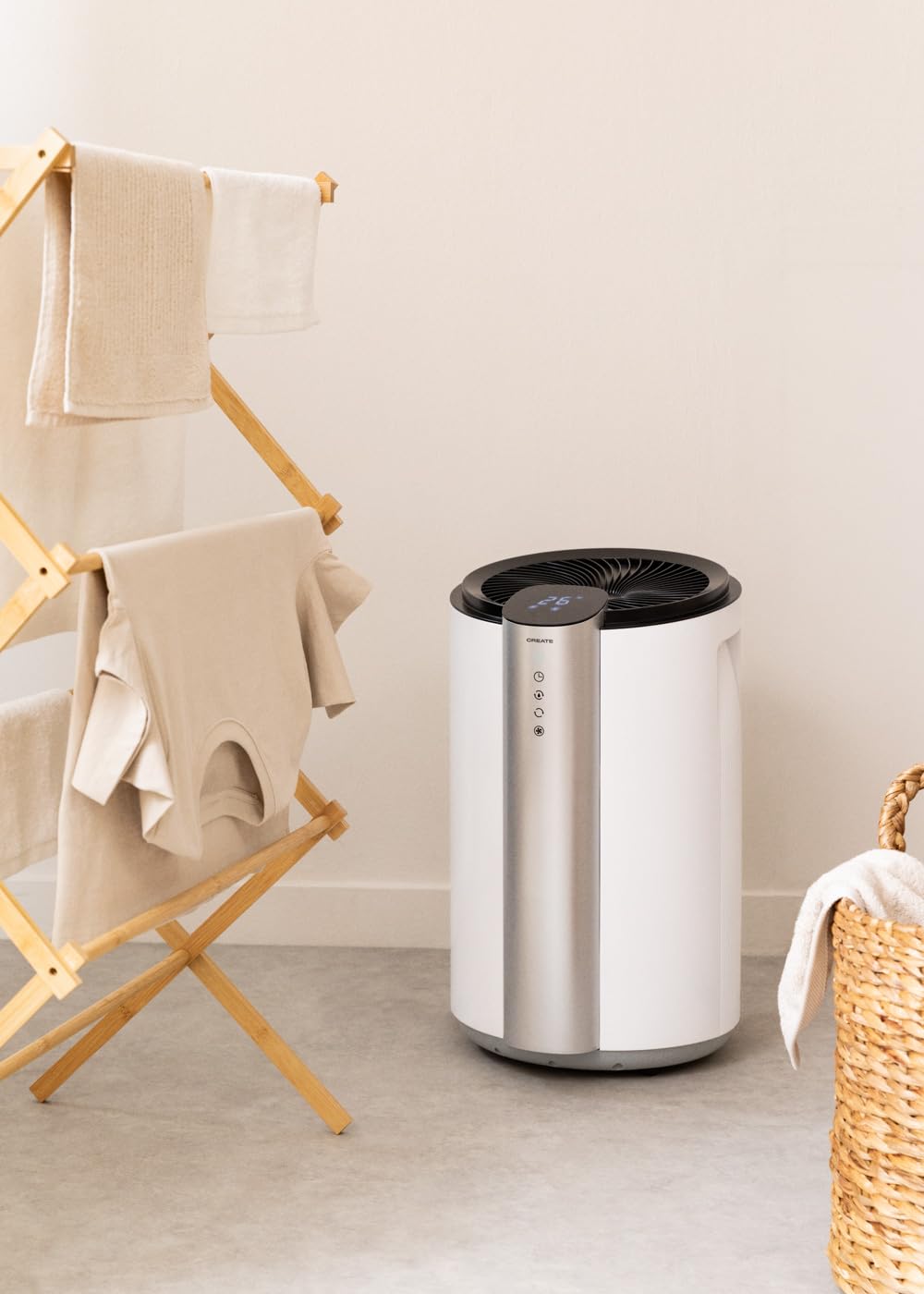 CREATE / DRYPLUS XL-SPIRAL / Deumidificatore portatile bianco, con raffreddamento R290, deumidificazione continua, silenziosa, 20 l/giorno, 90 m², timer, elimina l'umidità, capacità 4,5L