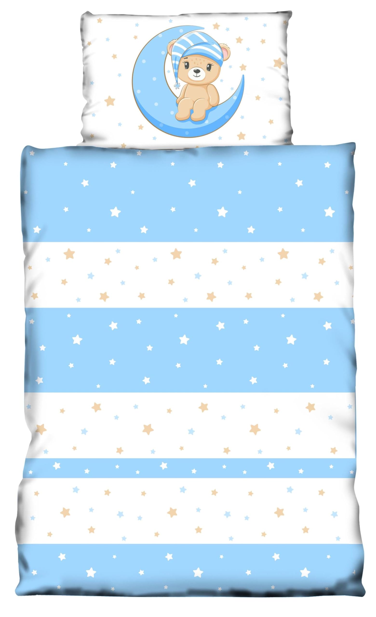 one-home Kinder Baby Bettwäsche 100x135 cm + 40x60 cm Teddy Bären Sterne Mond für Jungen und Mädchen weiche Mikrofaser Kinderbettwäsche Set, Farbe:blau