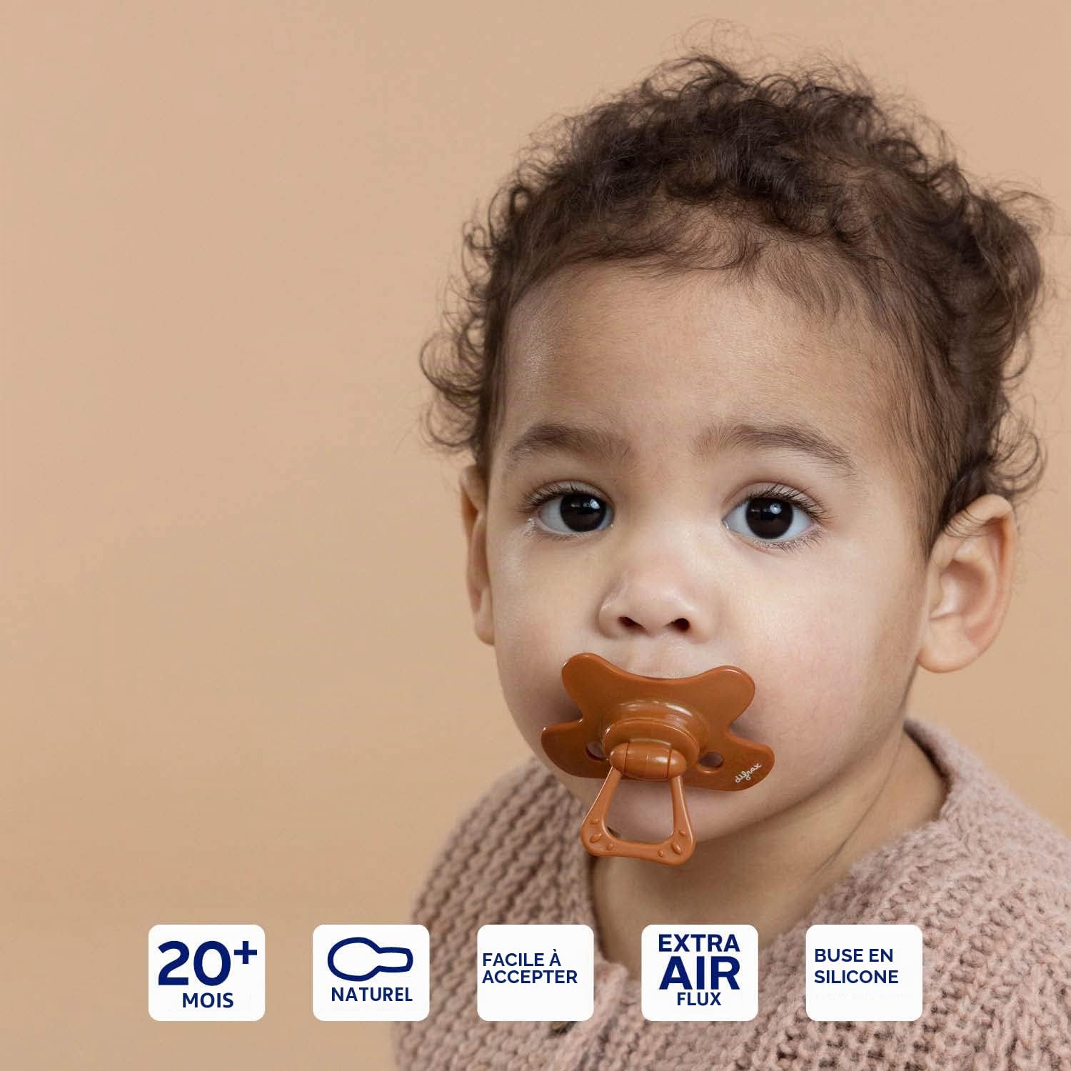 Difrax Tétine 18 Mois et Plus– Sucette Naissance avec Tétine Silicone – 18+ - Facile à Accepter - un Apport Optimal d'Air – Tutute Bébé 18-36 Mois – Marron/Cannelle – 2 Pièces