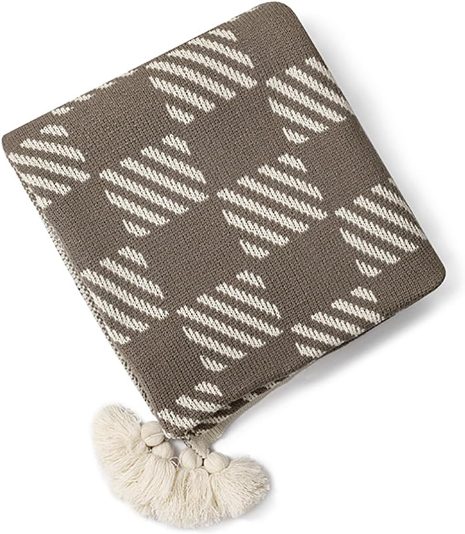 Fennco Styles Checkered Knit Throw Blanket with Tassel 50" W x 60" L – Brown Geometric Pattern Lightweight Blanket for Indoor Outdoor, Couch, Bedroom, Living Room and Office Décor
